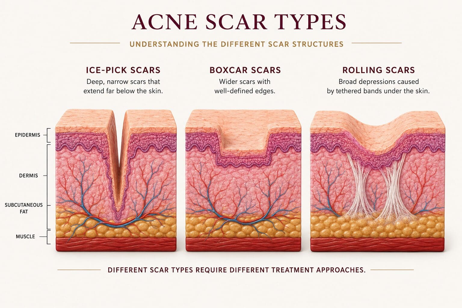 Rolling boxcar and ice pick acne scar types used to guide acne scar treatment selection