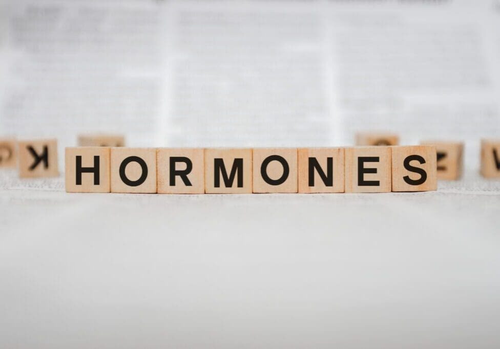 Wooden letter tiles spelling HORMONES